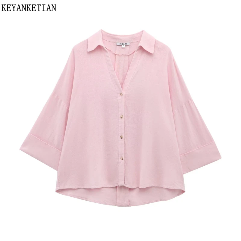 KEYANKETIAN Summer New Women'sQuarter sleeve Linen shirt Pink Leisure style Single Breasted Oversize Blouses Loose Casual Top
KEYANKETIAN Summer New Women'sQuarter sleeve Linen shirt Pink Leisure style Single Breasted Oversize Blouses Loose Casual Top