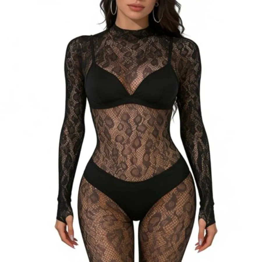 Women's High Neck Snake Lace Body Stocking Bodysuit, Leopard Print Stretchy Sheer Mesh Fishnet Jumpsuit for Night Out
Women's High Neck Snake Lace Body Stocking Bodysuit, Leopard Print Stretchy Sheer Mesh Fishnet Jumpsuit for Night Out