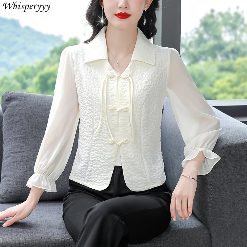 New Chinese Style Chiffon Shirt Women's Disc Buckle Short Tops Female Fashion Solid Color Turn-down Collar Flare Sleeve Blouse
New Chinese Style Chiffon Shirt Women's Disc Buckle Short Tops Female Fashion Solid Color Turn-down Collar Flare Sleeve Blouse