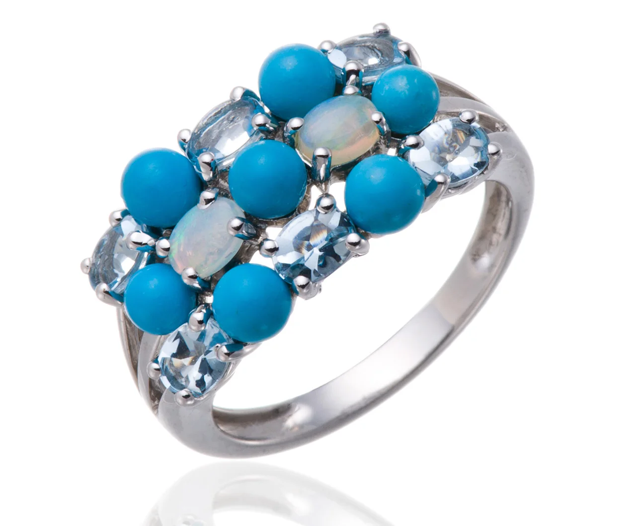Turquoise and Opal and Aquamarine Rhodium Over Sterling Silver Ring 1.44ctw
Turquoise and Opal and Aquamarine Rhodium Over Sterling Silver Ring 1.44ctw