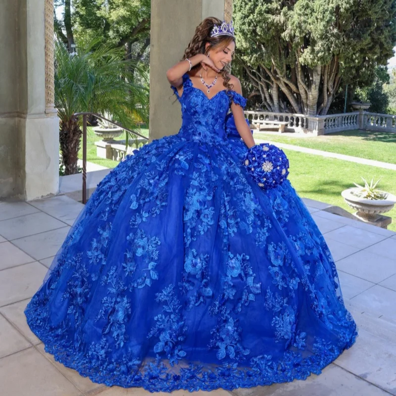 Royal Blue Quinceanera Dress off-shoulder Glitter Crystal 3D Flower Decal Long tail Bow vestidos de 15 Quinceanera Customize
Royal Blue Quinceanera Dress off-shoulder Glitter Crystal 3D Flower Decal Long tail Bow vestidos de 15 Quinceanera Customize