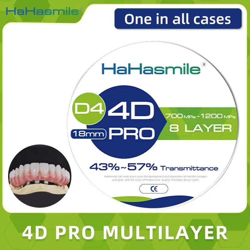 HaHasmile 4D-Pro-Multilayer D4 98mm Zirconia Blocks 8 Layer for Dental Lab Porcelain False Teeth Material Open Cad Cam System
HaHasmile 4D-Pro-Multilayer D4 98mm Zirconia Blocks 8 Layer for Dental Lab Porcelain False Teeth Material Open Cad Cam System