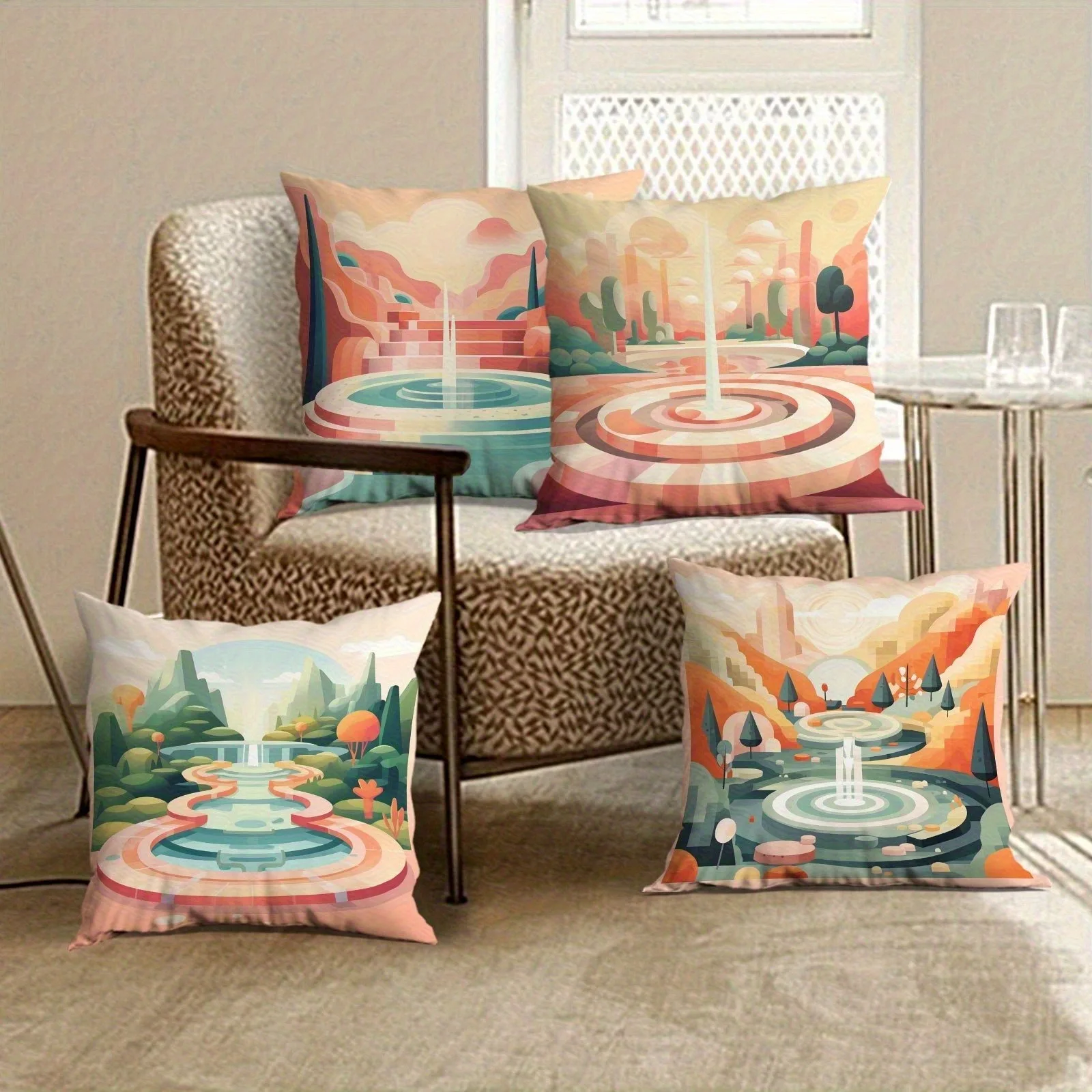 Vibrant Retro Garden Pillowcase Set, Pastel Fountain & Landscape Pattern Decorative Cushion Cover for Home Sofa Bedroom
Vibrant Retro Garden Pillowcase Set, Pastel Fountain & Landscape Pattern Decorative Cushion Cover for Home Sofa Bedroom