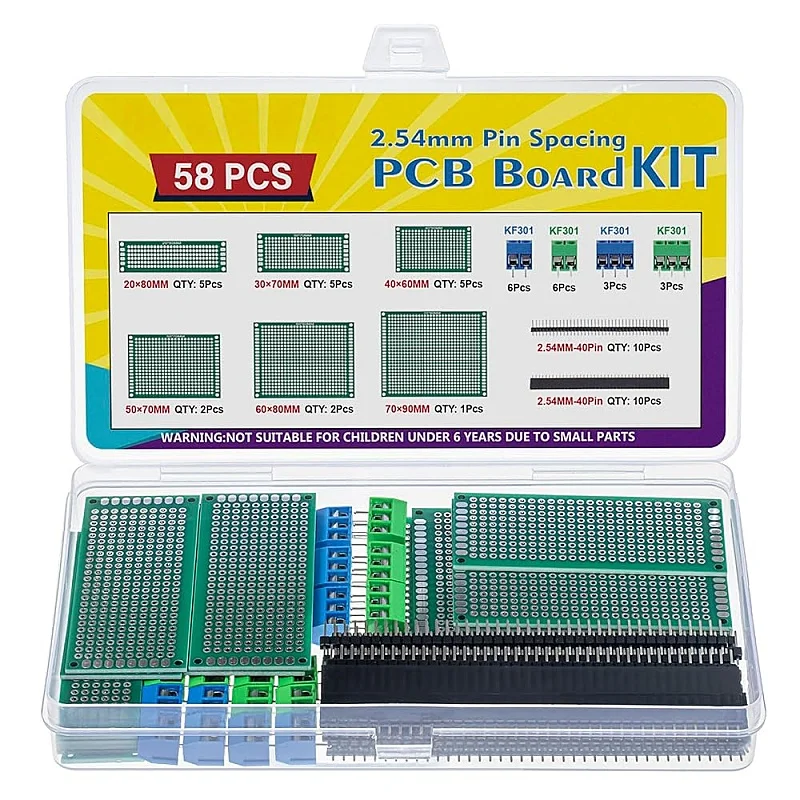 58Pcs 6 Sizes Double Side PCB Solder Board Kit with 2.54mm 40pin Male Female Header Connector 5mm KF301 Screw Terminal Block
58Pcs 6 Sizes Double Side PCB Solder Board Kit with 2.54mm 40pin Male Female Header Connector 5mm KF301 Screw Terminal Block