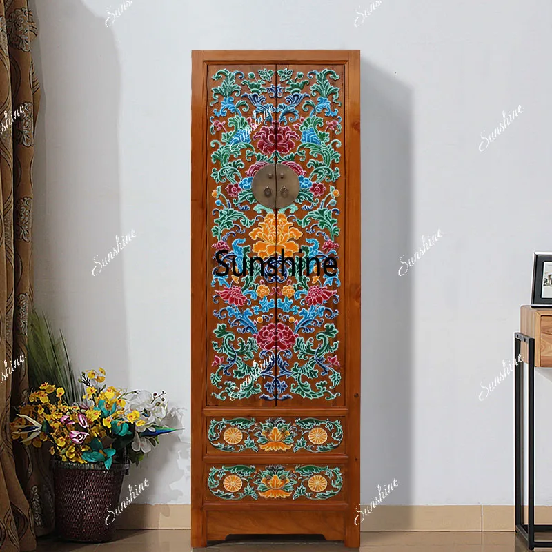 New Chinese solid wood wardrobe retro hand-painted carved painted high cabinet
New Chinese solid wood wardrobe retro hand-painted carved painted high cabinet