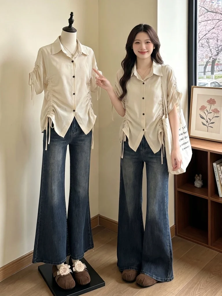 Slimming Effect Women's Short Sleeve Shirt Design Sense Shoulder Length Drawstring Uneven Commute Top plus Size Fashion
Slimming Effect Women's Short Sleeve Shirt Design Sense Shoulder Length Drawstring Uneven Commute Top plus Size Fashion