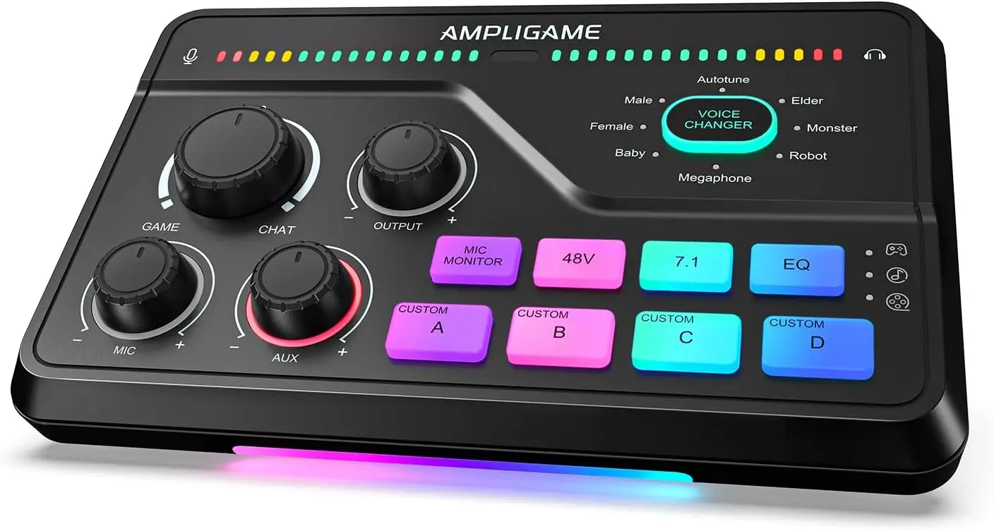 Gaming Mixer with 7.1 Surround Sound, USB Plug & Play, Voice Changer, RGB Lights, Volume Control
Gaming Mixer with 7.1 Surround Sound, USB Plug & Play, Voice Changer, RGB Lights, Volume Control