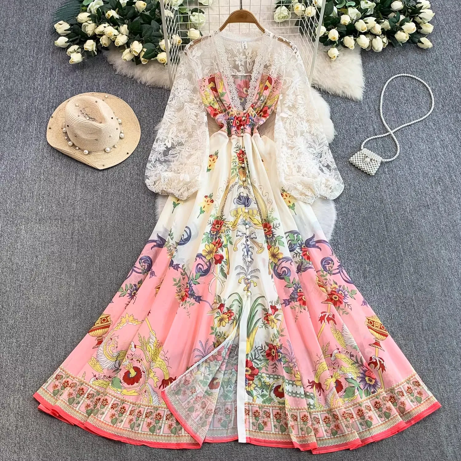 2026 Summer Holiday Gorgeous Flower Maxi Dress Women's Sexy Deep V-Neck Lantern Sleeve Lace Splicing Single Breasted Long Robes
2026 Summer Holiday Gorgeous Flower Maxi Dress Women's Sexy Deep V-Neck Lantern Sleeve Lace Splicing Single Breasted Long Robes