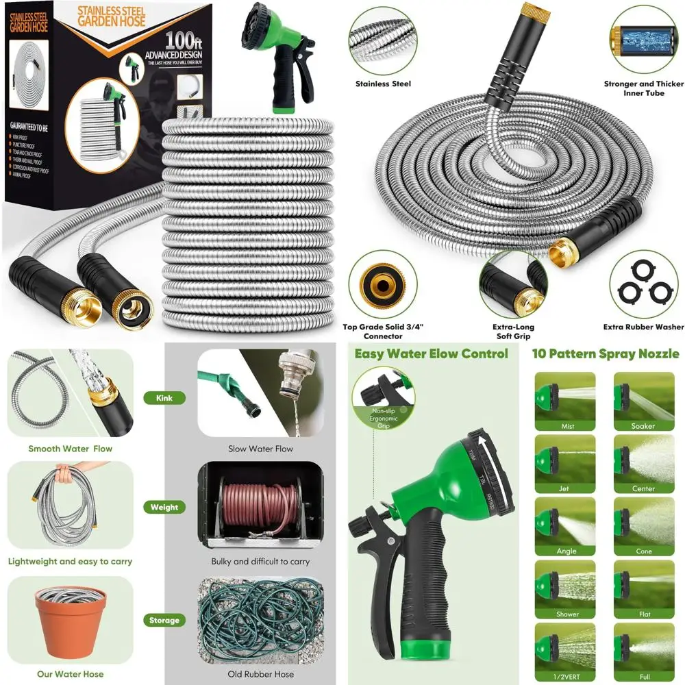 Stainless Steel 100ft Heavy Duty Garden Hose with 10 Functions, Flexible, Lightweight, No-Kink, Pet-Resistant, Durable Water Hos
Stainless Steel 100ft Heavy Duty Garden Hose with 10 Functions, Flexible, Lightweight, No-Kink, Pet-Resistant, Durable Water Hos