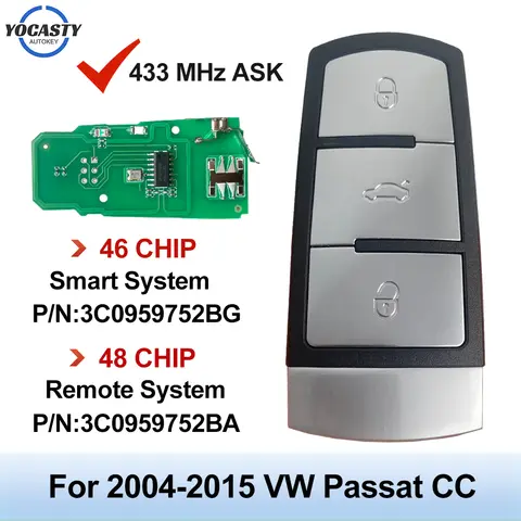 Llave de coche remota inteligente para VW Passat B6 3C B7 Magotan CC 2004-2015 3 botones 433MHz con Chip ID46/ID48 PN: 3C 0959752 BG 3C 0959752 BA BA