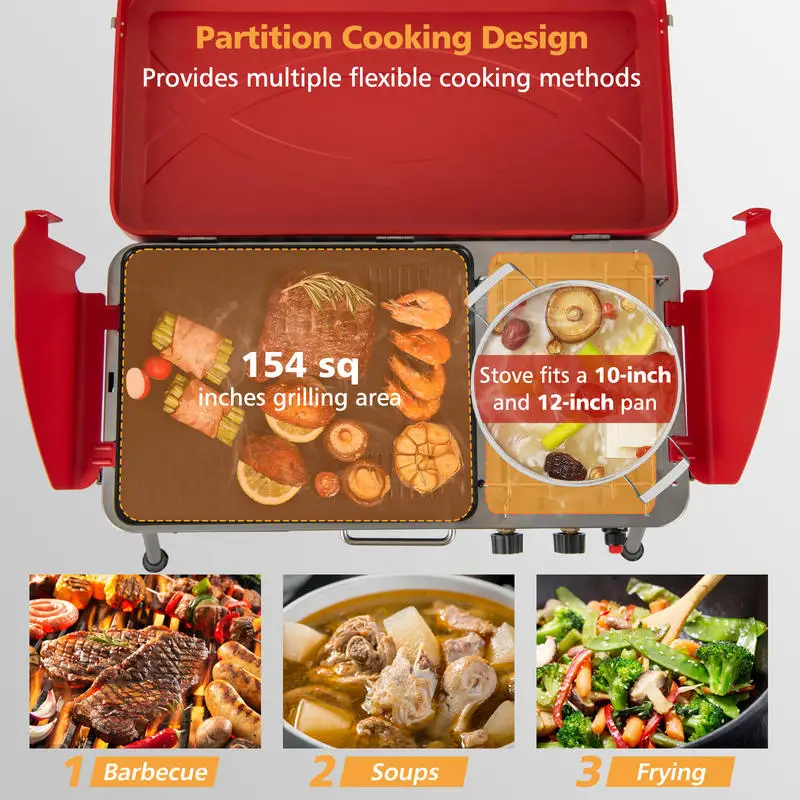 2-in-1 Gas Camping Grill and Stove with 4 Detachable Legs-Red
2-in-1 Gas Camping Grill and Stove with 4 Detachable Legs-Red