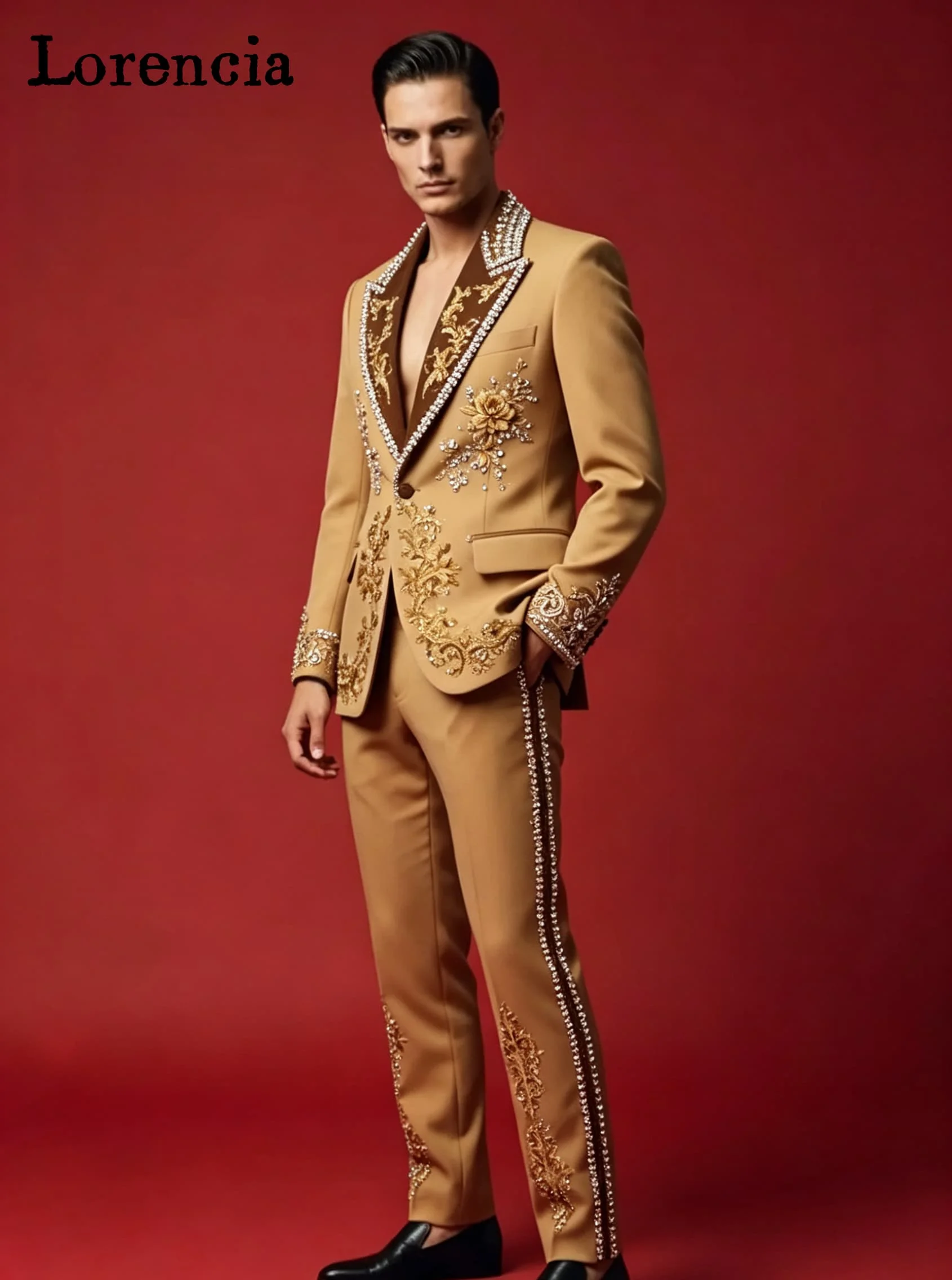 Rhinestone Men 2 Piece Suit Set Customized Tuxedos Floral Embroidery Shawl Lapel Slim Fit Formal Party Suit masculinos completo
Rhinestone Men 2 Piece Suit Set Customized Tuxedos Floral Embroidery Shawl Lapel Slim Fit Formal Party Suit masculinos completo