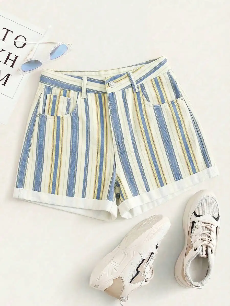 High-Rise Striped Denim Shorts With Rolled Cuffs
High-Rise Striped Denim Shorts With Rolled Cuffs