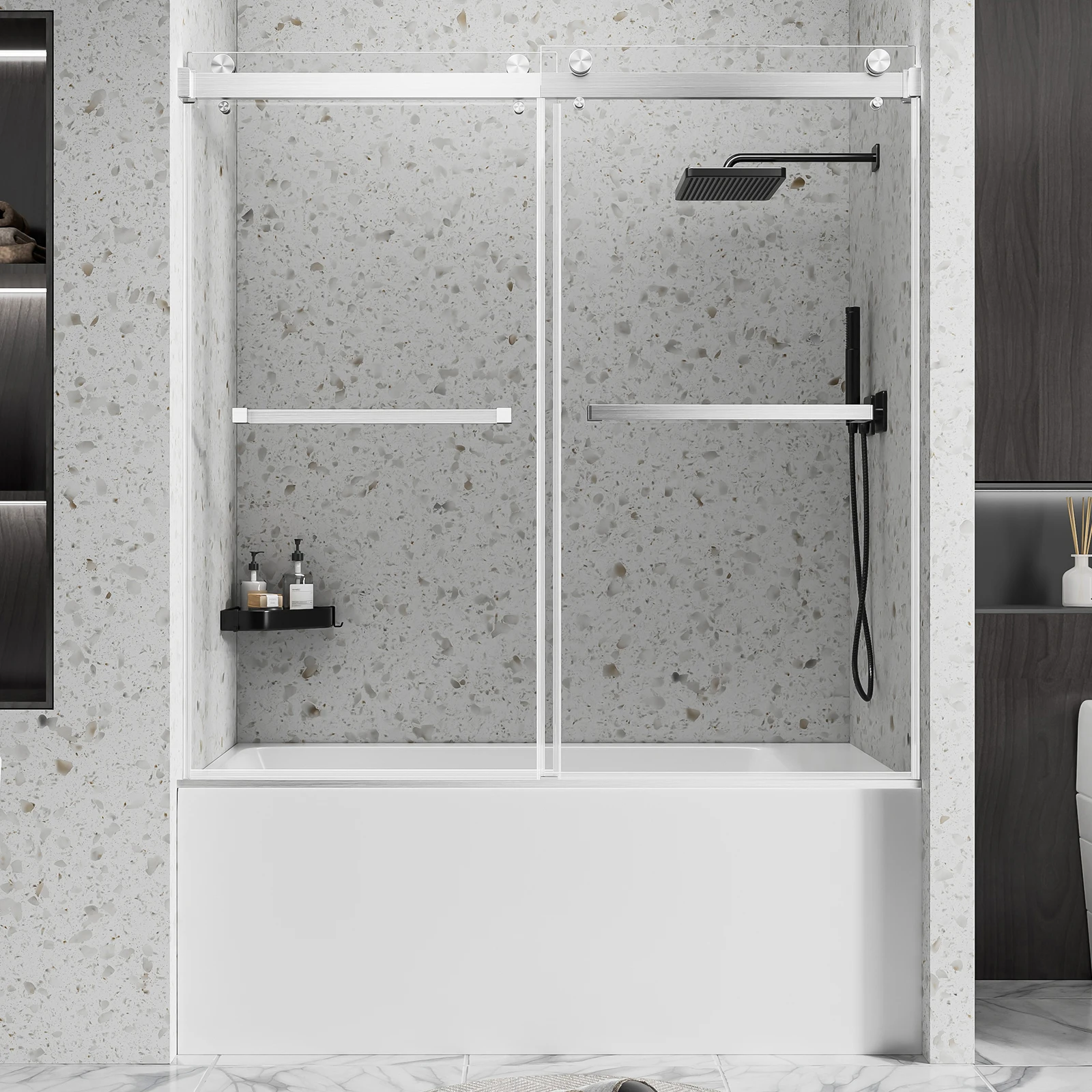 Adjustable 56~60"W×60"H Frameless Double Slide Tub Shower Enclosure,304 Brushed Stainless Steel Top Track,Reversible Left-Right Installation & Preinstalled Explosion-Proof Tempered Glass
Adjustable 56~60"W×60"H Frameless Double Slide Tub Shower Enclosure,304 Brushed Stainless Steel Top Track,Reversible Left-Right Installation & Preinstalled Explosion-Proof Tempered Glass