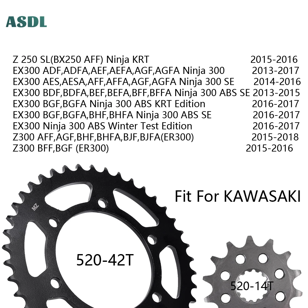520 Chain 42T 14T motorcycle Front and Rear Sprocket Kits For KAWASAKI Z250 SL BX250 Ninja 250 300 EX300 Z300 ER300 2015-2018
520 Chain 42T 14T motorcycle Front and Rear Sprocket Kits For KAWASAKI Z250 SL BX250 Ninja 250 300 EX300 Z300 ER300 2015-2018