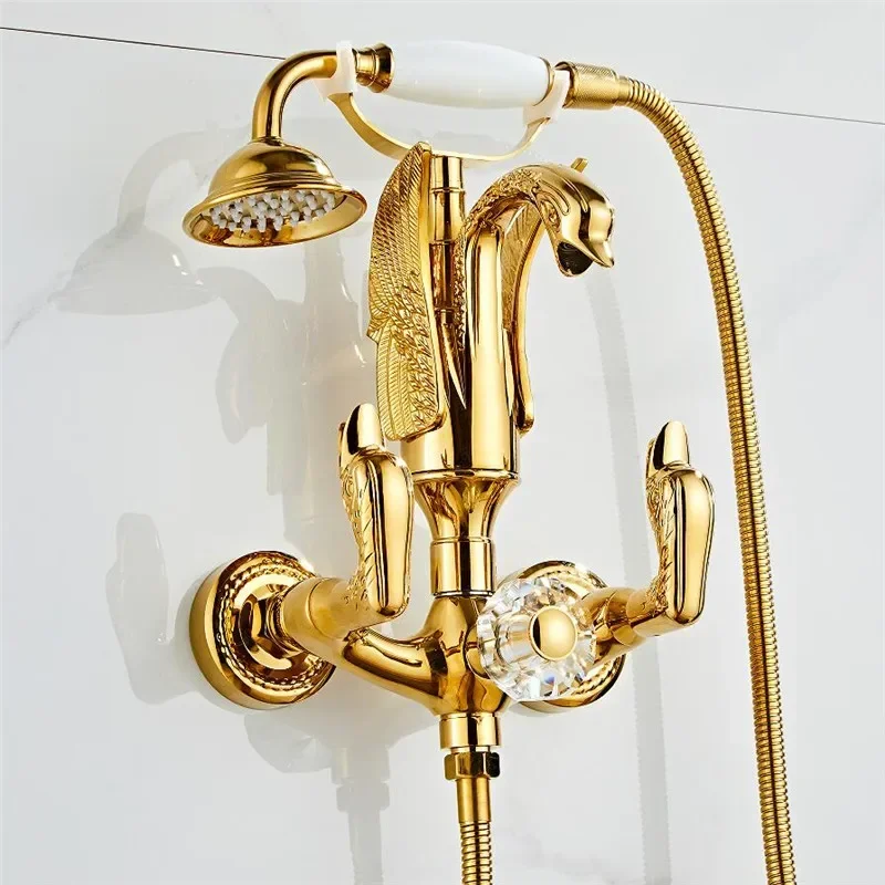 Gold Bathtub and Shower Faucet Set Wall Mounted Gold Swan Bathtub Faucet, Bathroom Cold and Hot Bath and Shower Mixer Tap
Gold Bathtub and Shower Faucet Set Wall Mounted Gold Swan Bathtub Faucet, Bathroom Cold and Hot Bath and Shower Mixer Tap