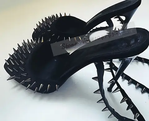 Women Silver Metal Long Rivets Squre Toe Dress Pumps Stiletto Heels Ankle Straps Banquet Shoes Punk Style Shallow Footwear