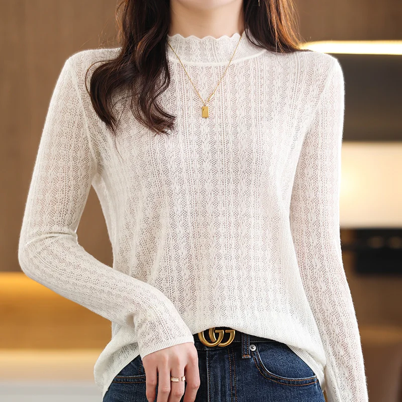 Spring and summer new knitted hollow top 100% worsted wool O-neck pullover fashion light bottoming top Korean fashion
Spring and summer new knitted hollow top 100% worsted wool O-neck pullover fashion light bottoming top Korean fashion