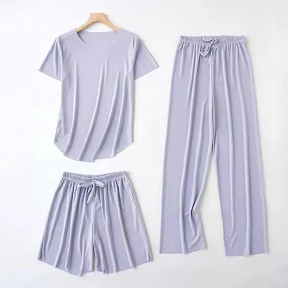 Lady Pajamas Stylish 3-piece Women's Summer Pajama Set O Neck T-shirt Elastic Waist Shorts Wide Leg Pleated Pants Comfortable
Lady Pajamas Stylish 3-piece Women's Summer Pajama Set O Neck T-shirt Elastic Waist Shorts Wide Leg Pleated Pants Comfortable