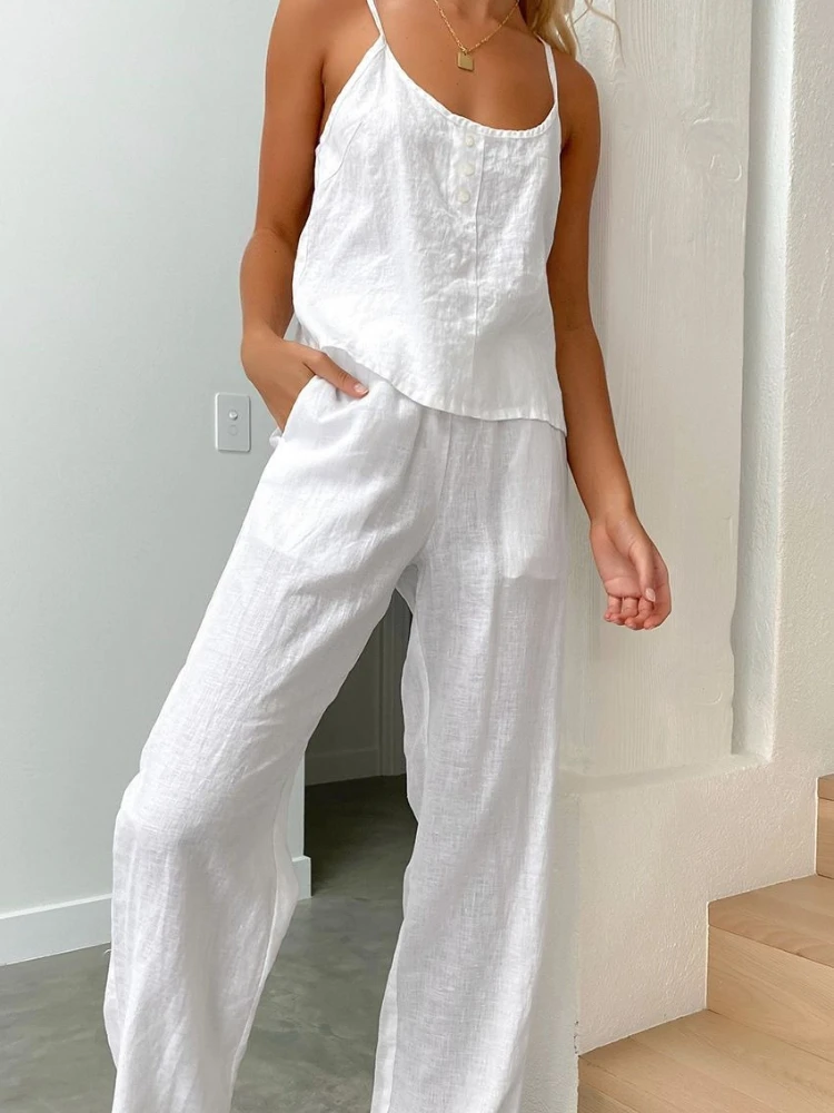 Summer Simple Cotton Linen Women's Suits Fashion Sleeveless Loose Blouse Wide Leg Pants Two Piece Set For Women Casual Outfits
Summer Simple Cotton Linen Women's Suits Fashion Sleeveless Loose Blouse Wide Leg Pants Two Piece Set For Women Casual Outfits