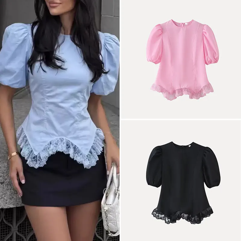 Fashionable round Neck Lace Splice Short Sleeve Shirt Women's Casual Style Slim Fit Shirt Summer 2026 New Arrival
Fashionable round Neck Lace Splice Short Sleeve Shirt Women's Casual Style Slim Fit Shirt Summer 2026 New Arrival