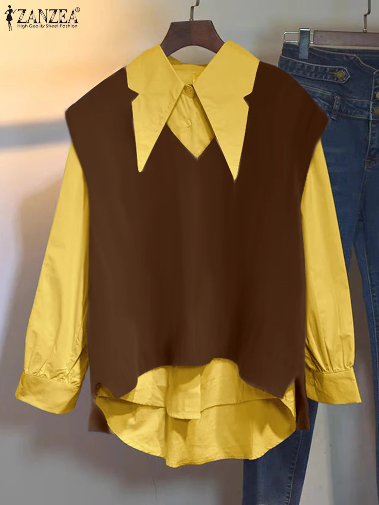 Fashion Long Sleeve Tops ZANZEA Women Office Commuting Shirts Casual Loose Fake 2pcs Chic Tops Vintage V-neck Vest+Lapel Shirts
Fashion Long Sleeve Tops ZANZEA Women Office Commuting Shirts Casual Loose Fake 2pcs Chic Tops Vintage V-neck Vest+Lapel Shirts