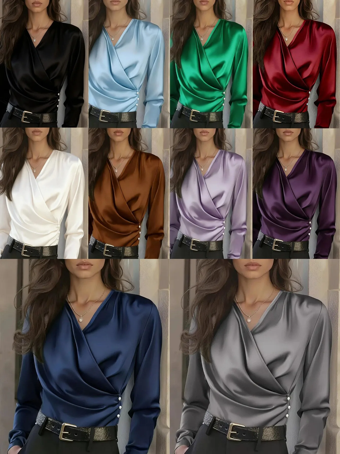 Women's Blouse V Neck Long Sleeve Woven Wrap Top Satin Finish Pearl Buttons Draped Front Solid Color Office Wear Navy Blue
Women's Blouse V Neck Long Sleeve Woven Wrap Top Satin Finish Pearl Buttons Draped Front Solid Color Office Wear Navy Blue