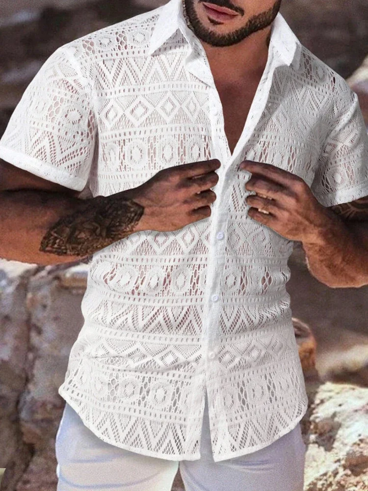 Summer Casual Mens Mesh Lace Shirts Beach Vacation Leisure Breathable Hollow Out Shirt for Men Fashion Lapel Short Sleeve Shirts
Summer Casual Mens Mesh Lace Shirts Beach Vacation Leisure Breathable Hollow Out Shirt for Men Fashion Lapel Short Sleeve Shirts