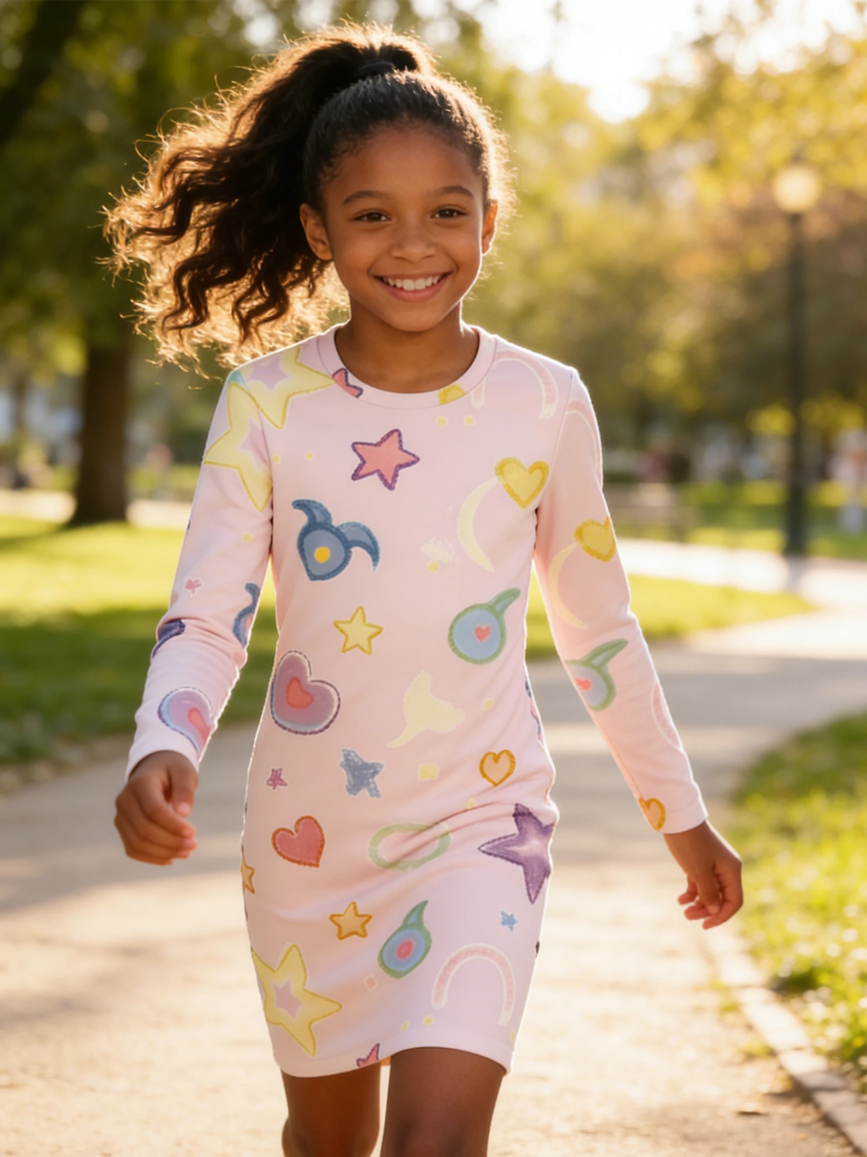2026 Girls' light pink bottom colorful star love moon print long-sleeved slim-fit dress
2026 Girls' light pink bottom colorful star love moon print long-sleeved slim-fit dress