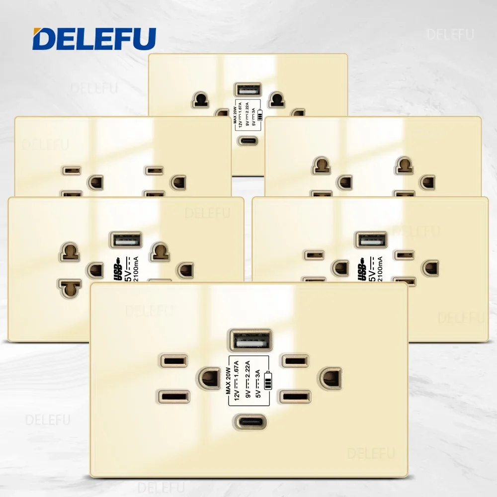 DELEFU Tempered Glass Panel Mexican Standard Type C Fast Charging American Socket 124*76mm Wall Socket Switch Gold
DELEFU Tempered Glass Panel Mexican Standard Type C Fast Charging American Socket 124*76mm Wall Socket Switch Gold