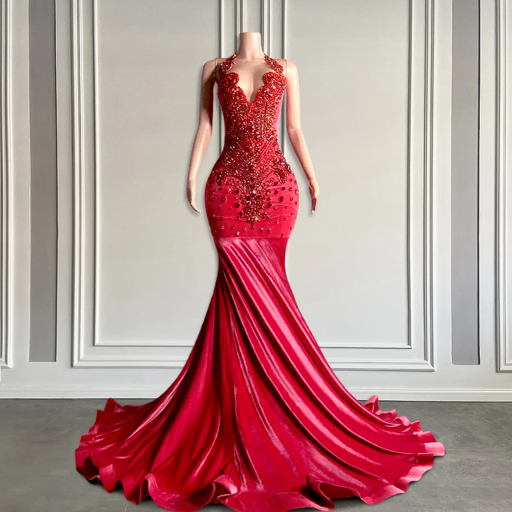 Elegant Red Velvet Mermaid Prom Dresses 2025 Beaded Crystals Sparkling Long Black Girls Senior Prom Gowns with Train Customized
Elegant Red Velvet Mermaid Prom Dresses 2025 Beaded Crystals Sparkling Long Black Girls Senior Prom Gowns with Train Customized