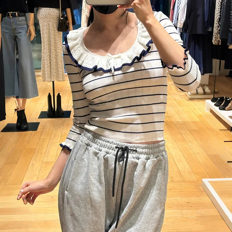 French Style Striped Pullover Sweater Women Spring White Ruffled Hem Long Sleeves Slim Fit Round Neck Ladies Knit Tops Knitwear
French Style Striped Pullover Sweater Women Spring White Ruffled Hem Long Sleeves Slim Fit Round Neck Ladies Knit Tops Knitwear