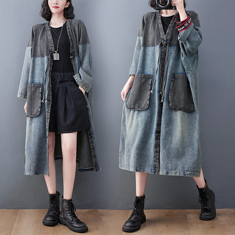 Джинсовое джинсовое платье с большими кетами контрастного цвета, винтажное длинное женское пальто больших размеров с глубоким v-образным вырезом и поясом, осеннее модное пальто
Джинсовое джинсовое платье с большими кетами контрастного цвета, винтажное длинное женское пальто больших размеров с глубоким v-образным вырезом и поясом, осеннее модное пальто