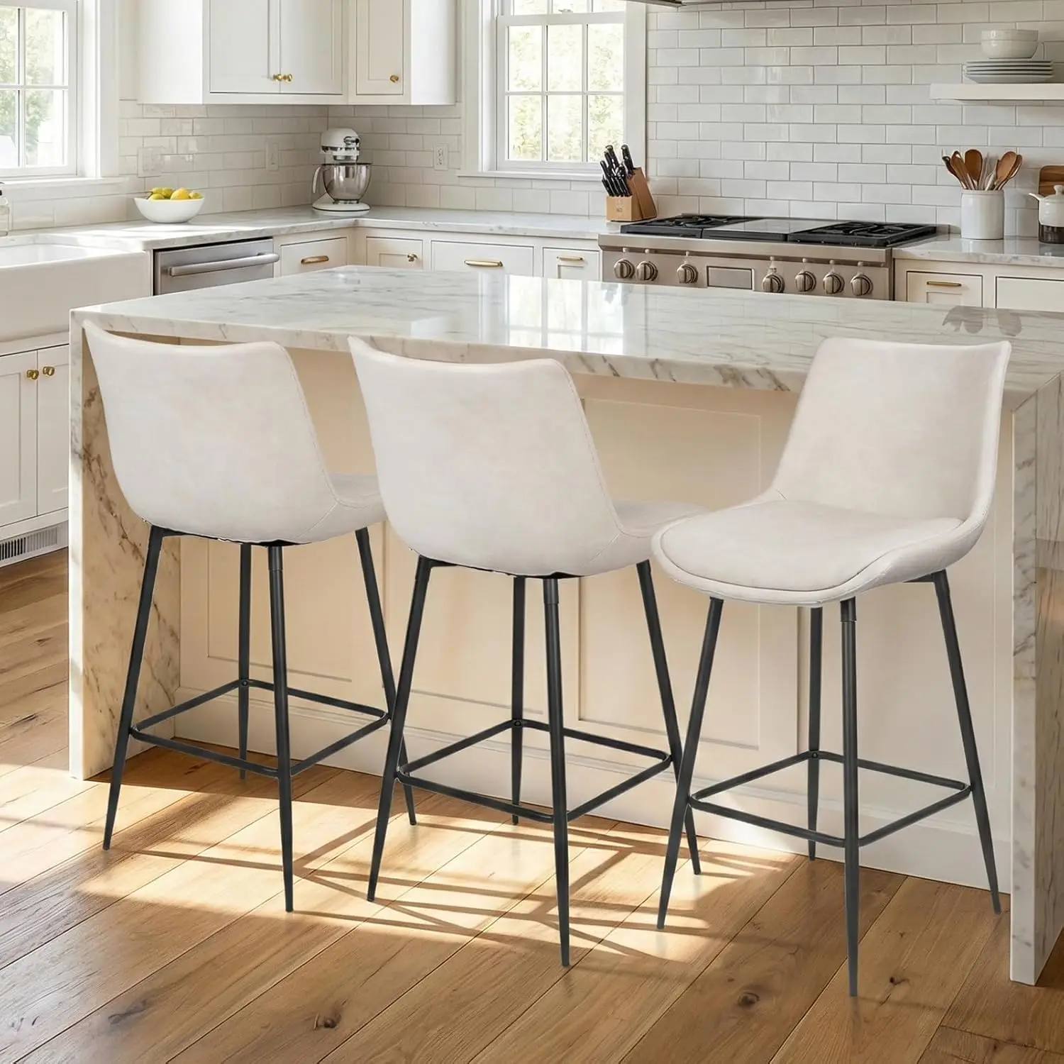 Counter Height Bar Stools Set of 3, FSC Certified Upholstered Faux Leather Barstools with Back, Metal Base, 27" Seat, Custom
Counter Height Bar Stools Set of 3, FSC Certified Upholstered Faux Leather Barstools with Back, Metal Base, 27" Seat, Custom