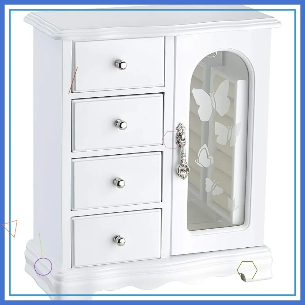 Solid Wood Jewelry Box with 4 Drawers, Necklace Carousel, and Large Mirror in White
Solid Wood Jewelry Box with 4 Drawers, Necklace Carousel, and Large Mirror in White