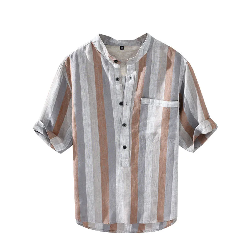 Summer Japanese retro linen material five-point sleeves color matching linen stripes loose stand collar short-sleeved shirt men
Summer Japanese retro linen material five-point sleeves color matching linen stripes loose stand collar short-sleeved shirt men