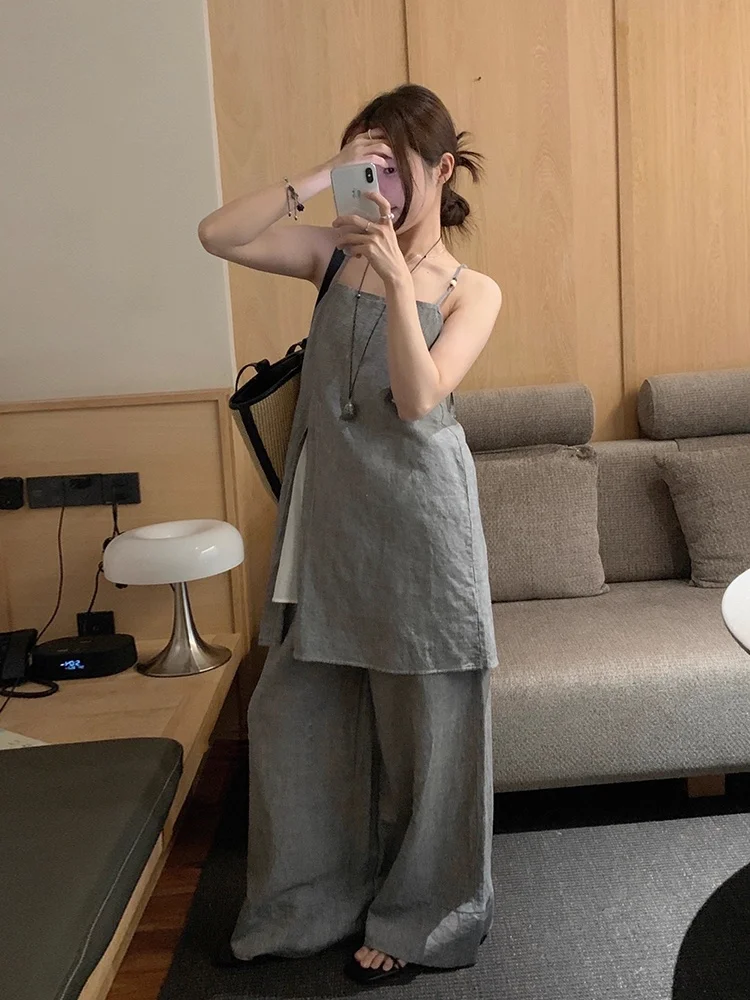 High Waist Casual Floor-Length Pants Women's Summer New Sle Layered Wear Side Slit Vest Strap Faionable Two-Piece Set
High Waist Casual Floor-Length Pants Women's Summer New Sle Layered Wear Side Slit Vest Strap Faionable Two-Piece Set