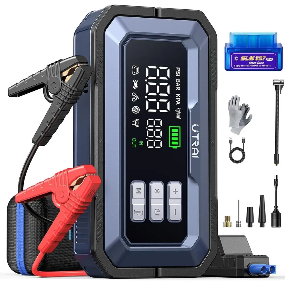 Portable 12V Jump Starter with Air Compressor, 150PSI, 8000A Peak, 160W DC Output, OBD II Scanner, LED Light
Portable 12V Jump Starter with Air Compressor, 150PSI, 8000A Peak, 160W DC Output, OBD II Scanner, LED Light
