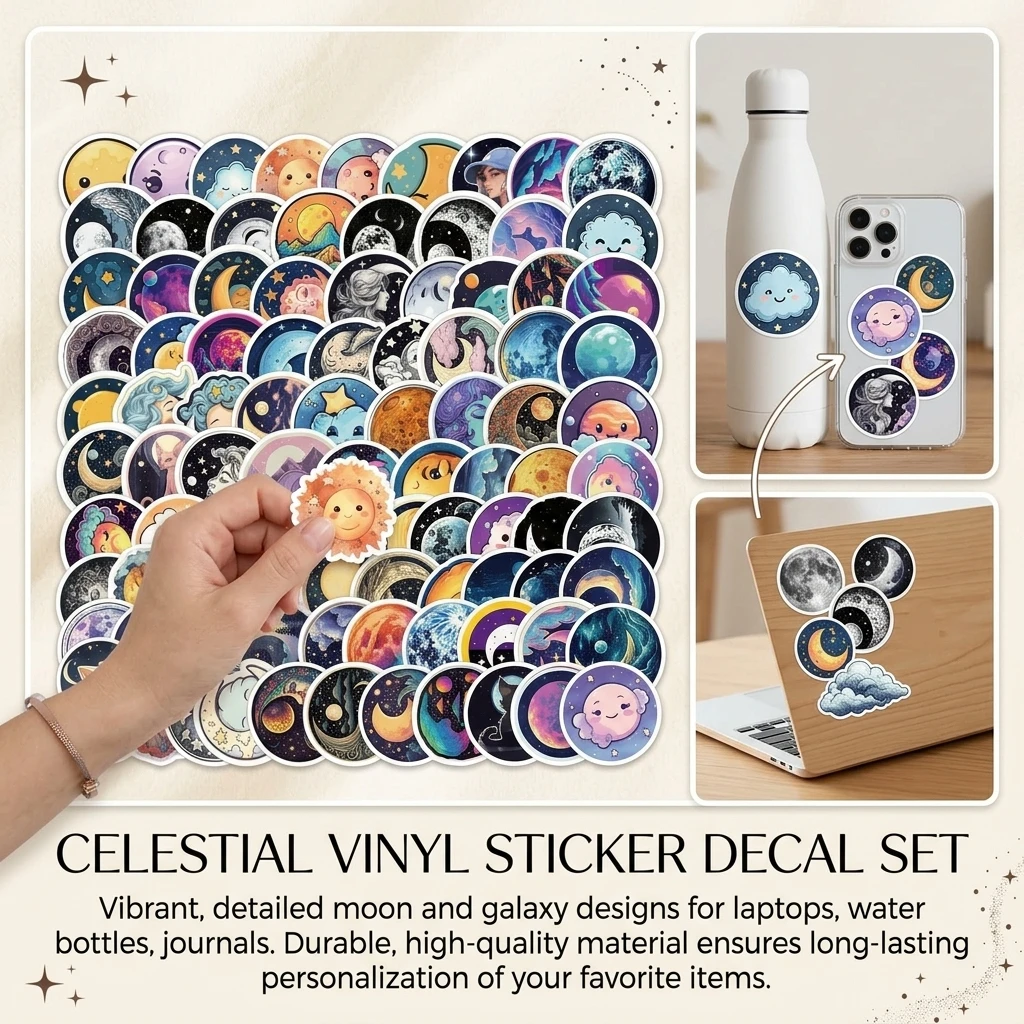 PVC Moon Doodle-Stickers Set 100 Pcs Waterproof Cartoon Decorative Labels, Residue Free Self-Adhesive for Notebooks Cups
PVC Moon Doodle-Stickers Set 100 Pcs Waterproof Cartoon Decorative Labels, Residue Free Self-Adhesive for Notebooks Cups