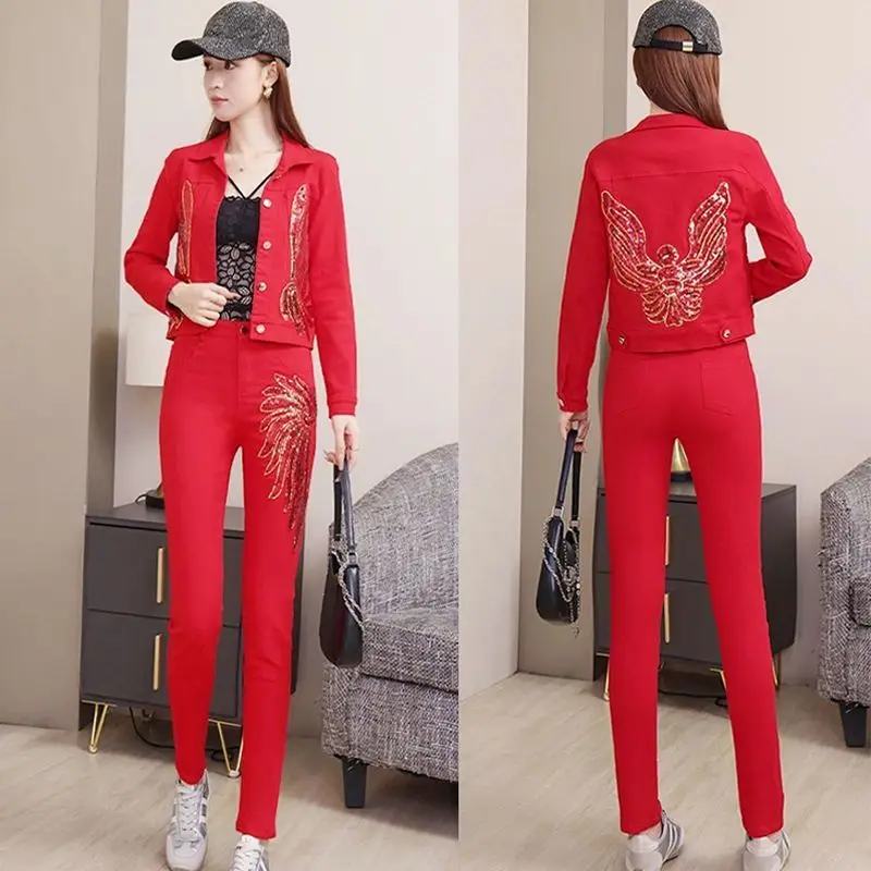 Fashionable Sequin Denim Set Women's Spring Autumn New Korean Style Elastic Phoenix Flower Long Sleeve Long Pants Two Piece Set
Fashionable Sequin Denim Set Women's Spring Autumn New Korean Style Elastic Phoenix Flower Long Sleeve Long Pants Two Piece Set