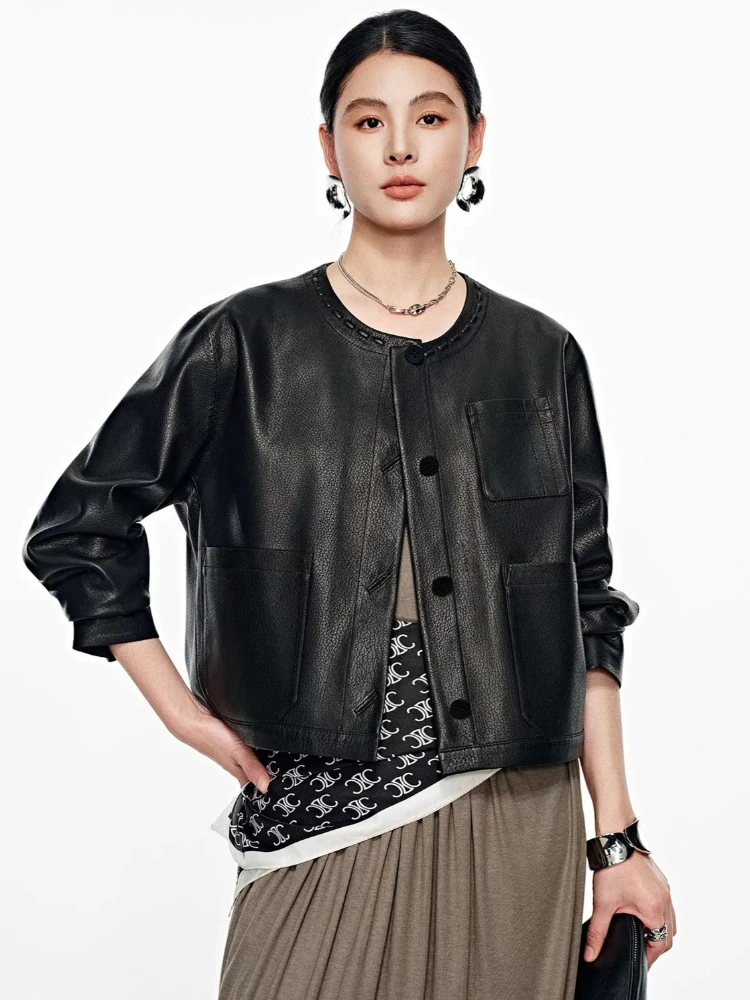 Casual O-neck Genuine Leather Cropped Jackets for Women Spring Autumn High-end Simple Black Lychee Texture Real Goatskin Coat
Casual O-neck Genuine Leather Cropped Jackets for Women Spring Autumn High-end Simple Black Lychee Texture Real Goatskin Coat