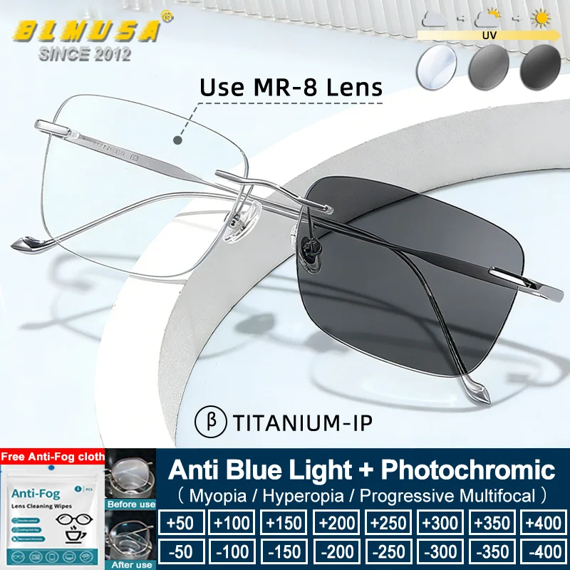 BLMUSA (L) Vintage Style Pure Titanium Rimless Myopia Reading Glasses Unisex's Square Frame Progressive Photochromic Eyeglasses
BLMUSA (L) Vintage Style Pure Titanium Rimless Myopia Reading Glasses Unisex's Square Frame Progressive Photochromic Eyeglasses