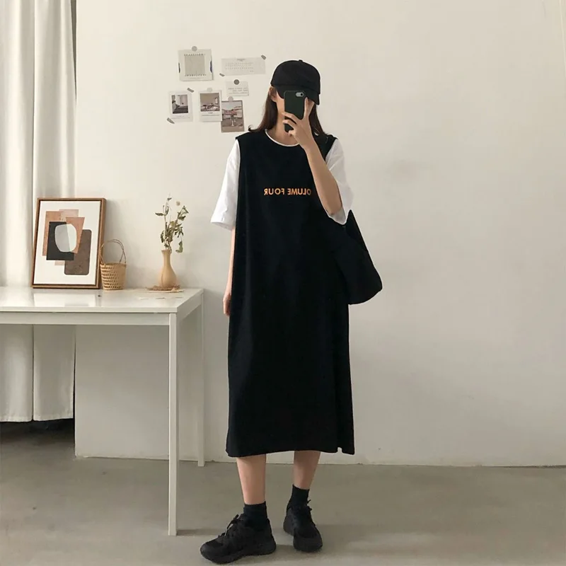 Korean Harajuku Casual Summer Women Dresses Letter Printed Loose Short Sleeve Fake Two Piece Sundress Patchwork Dress Clothing
Korean Harajuku Casual Summer Women Dresses Letter Printed Loose Short Sleeve Fake Two Piece Sundress Patchwork Dress Clothing