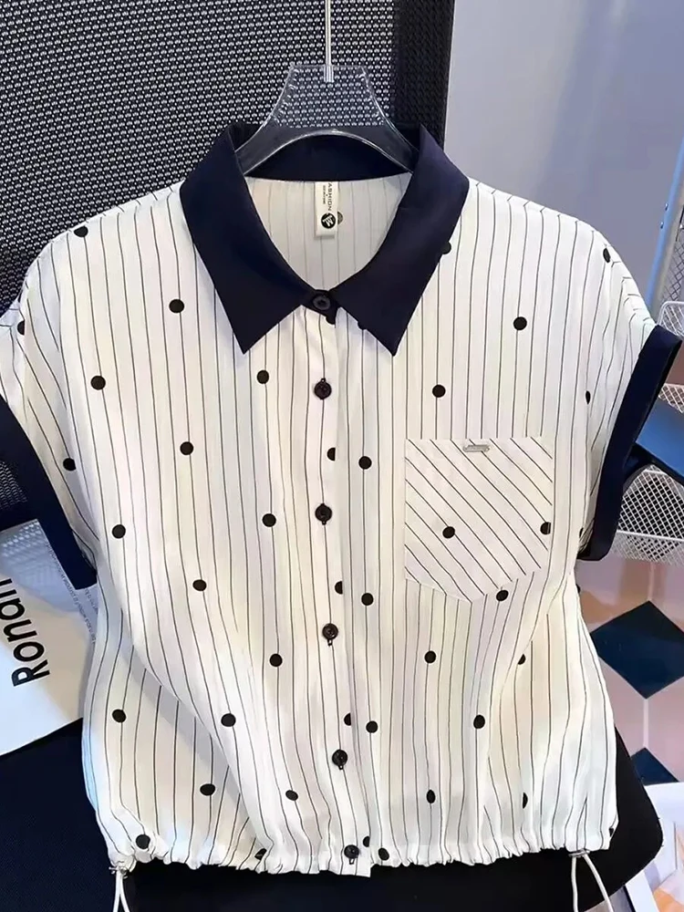Fashion Striped Dot Shirt Women Summer Flying Sleeve Sweet Blouse Casual Loose Female Chic Shirring Elegant Single Breasted Tops
Fashion Striped Dot Shirt Women Summer Flying Sleeve Sweet Blouse Casual Loose Female Chic Shirring Elegant Single Breasted Tops