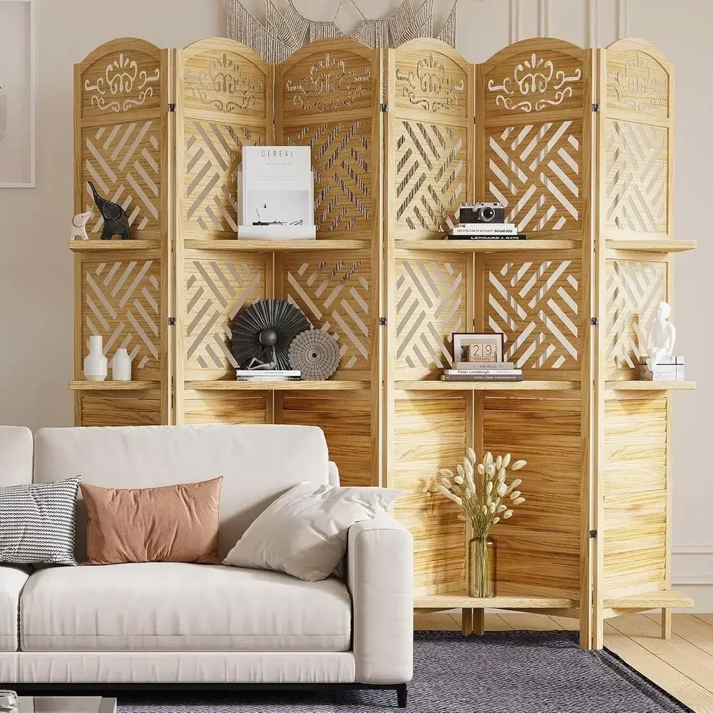 6-Panel Natural Wooden Room Divider with Carved Details and Shelves
6-Panel Natural Wooden Room Divider with Carved Details and Shelves