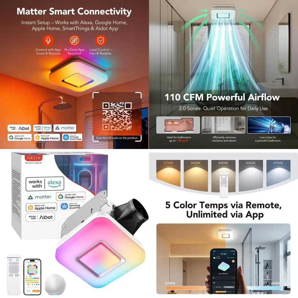 Smart Bathroom Exhaust Fan with Light, 110 CFM, RGB Lighting, Voice/Remote Control, Compatible with Alexa & Home
Smart Bathroom Exhaust Fan with Light, 110 CFM, RGB Lighting, Voice/Remote Control, Compatible with Alexa & Home