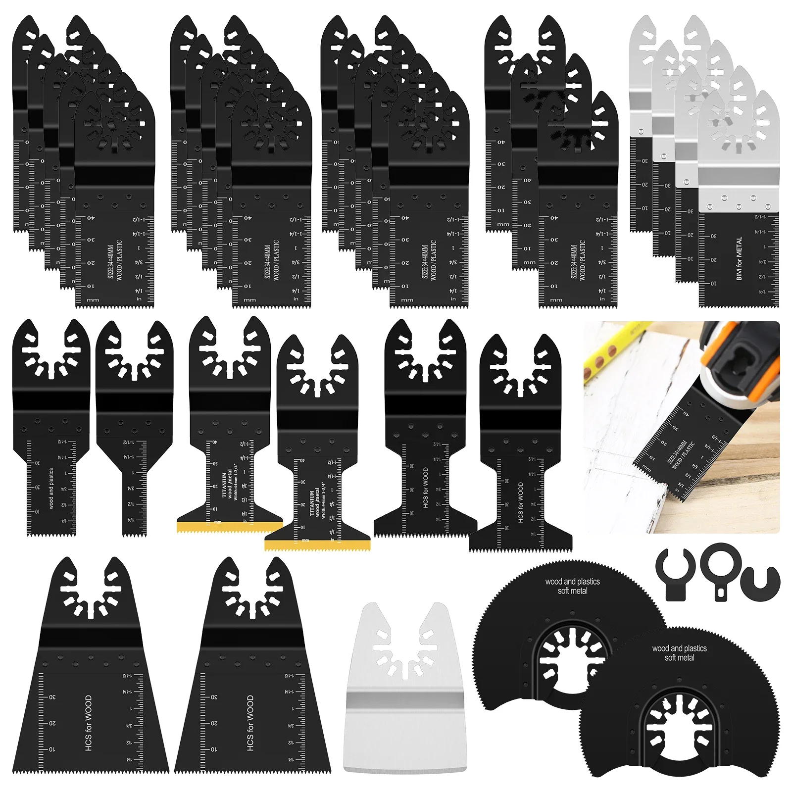 33Pcs Multifunctional Saw Blades Oscillating Saw Blades Set Universal Titanium Bimetal Oscillating Multi Tool Blades for Cutting
33Pcs Multifunctional Saw Blades Oscillating Saw Blades Set Universal Titanium Bimetal Oscillating Multi Tool Blades for Cutting