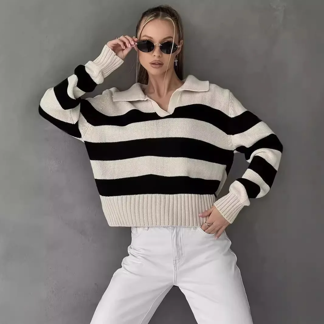 Women's Loose Knit Sweater Fashion Stripe Long Sleeve Pullovers Tops Fall Winter Turn-Down Collar Vintage Jumpers Streetwear
Women's Loose Knit Sweater Fashion Stripe Long Sleeve Pullovers Tops Fall Winter Turn-Down Collar Vintage Jumpers Streetwear