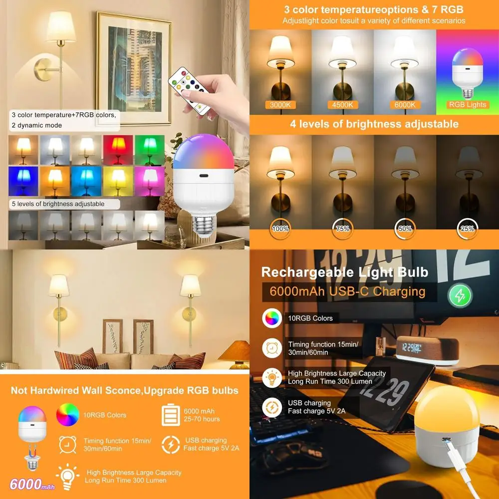 Беспроводные настенные светильники с двумя аккумуляторами и пультом ДУ, 2700K-6000K RGB, 6000 мАч, для домашнего декора
Беспроводные настенные светильники с двумя аккумуляторами и пультом ДУ, 2700K-6000K RGB, 6000 мАч, для домашнего декора