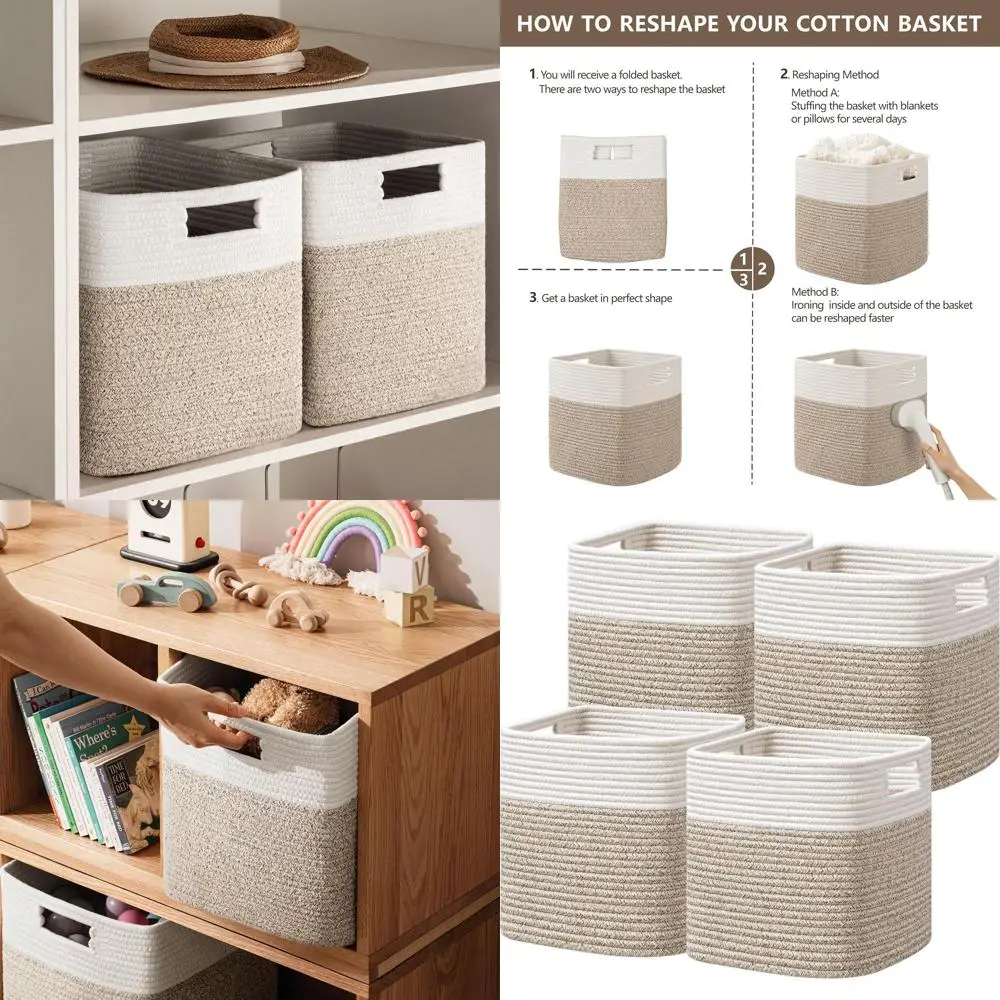4-Cube Storage Organizer, Cotton Rope Basket, 13x13x13 Inches, White/Brown, with Handles for Shelves, Toys, Books
4-Cube Storage Organizer, Cotton Rope Basket, 13x13x13 Inches, White/Brown, with Handles for Shelves, Toys, Books